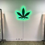Marijuana logo lit up on the wall with glass shelves on the side with Cannabis products